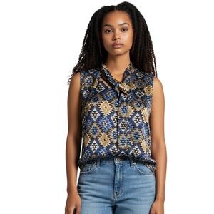 Lafayette 148 Silk Abbie Aztec Print Sleeveless Blouse Blue Size L NWT